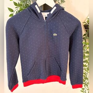Lacoste Navy Hoodie with Red Trim and Micro Dot Pattern